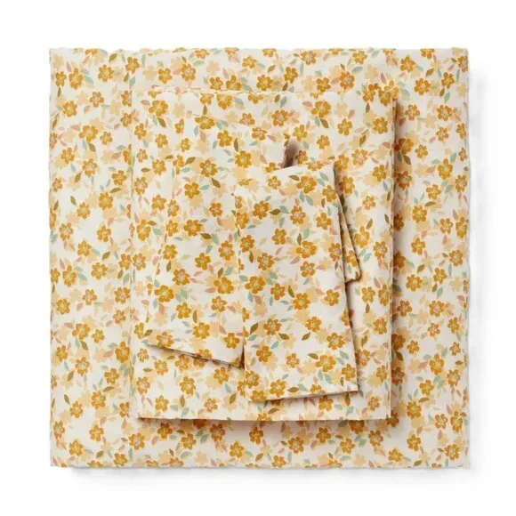 Room Essentials Easy Care Cotton Sateen Yellow Floral Design Full 4 Pc Sheet Set - Picture 2 of 7